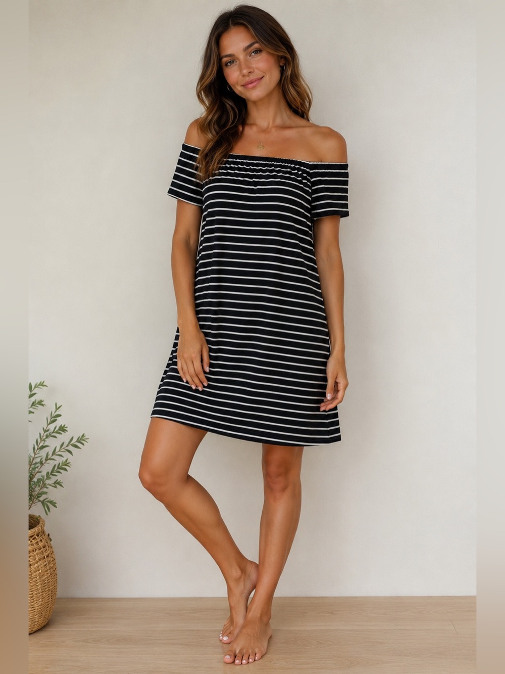 Madewell Womens Off-The-Shoulder Striped Dress Black/White XS Cotton Blend